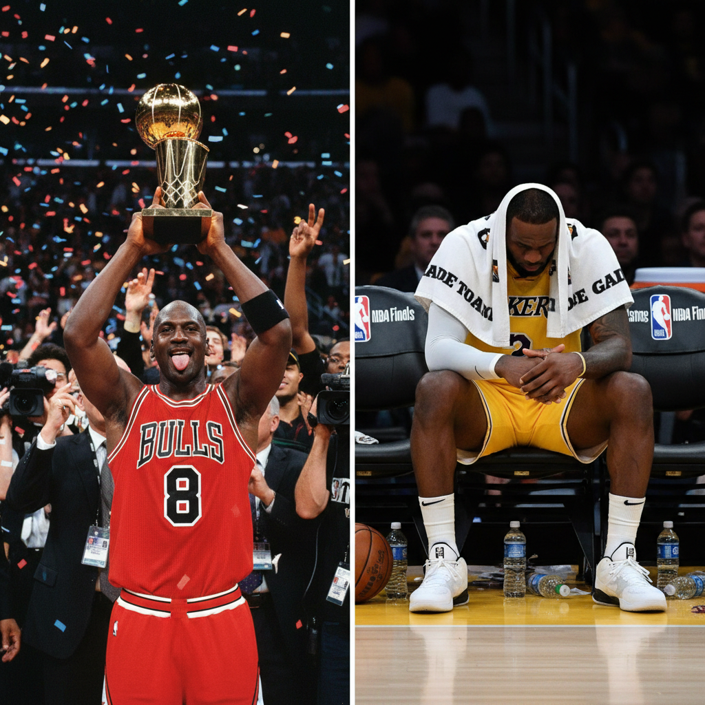 Split image: Michael Jordan holding Finals trophy on left, LeBron James sitting dejected on bench on right