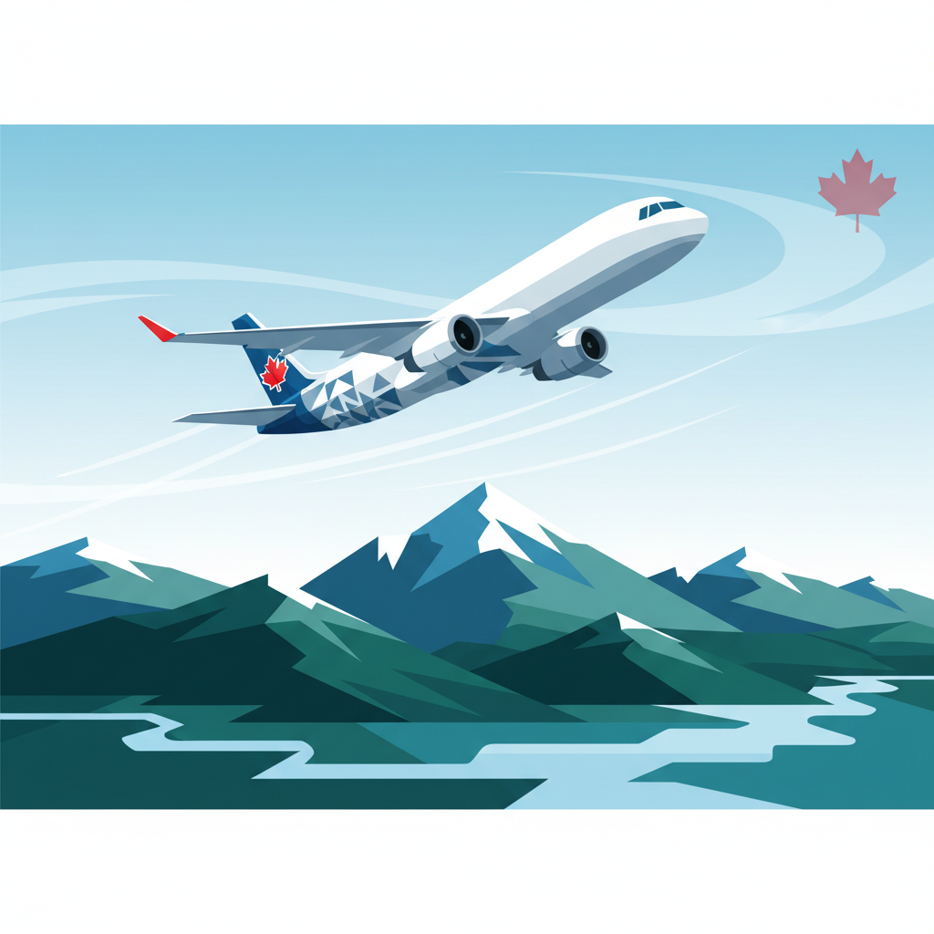 Modern cargo plane taking off over a Canadian landscape, clean business vector style