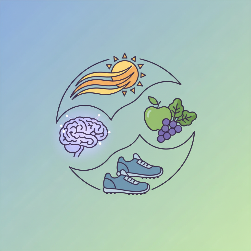 Conceptual illustration showing a balanced life: sun symbol, healthy food, shoes for walking, and a brain icon, integrated in a circle
