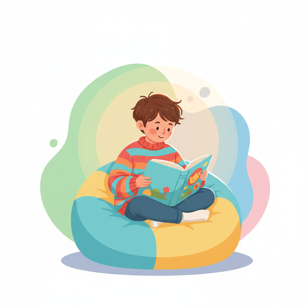 A young child sitting comfortably and reading a book, simple and clean illustration style, focusing on the act of reading, bright colors, uncluttered background