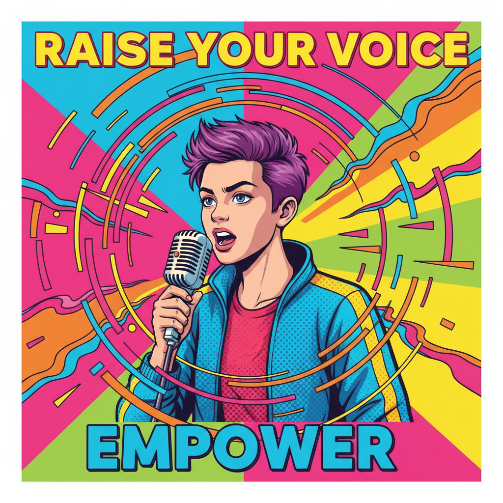 Pop art style illustration of a young person speaking into a microphone with dynamic sound waves, colorful, empowering, poster style