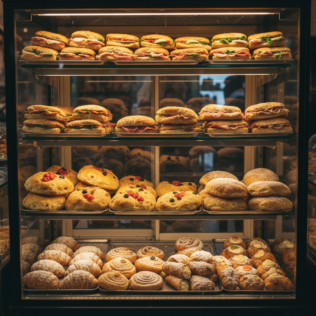 A display case in an Italian cafe filled with panini, focaccia, and delicious pastries under warm glass lighting