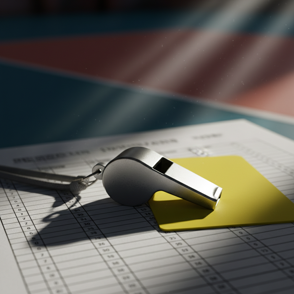 Macro shot of a whistle and a yellow card resting on a volleyball score sheet, intense dramatic lighting symbolizing discipline and control