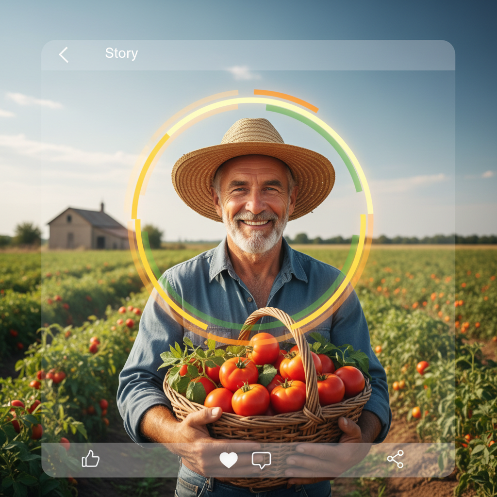 Mockup of mobile UI showing a 'Story' ring around a farmer's profile picture, holding fresh tomatoes, social media style interface overlay, high quality