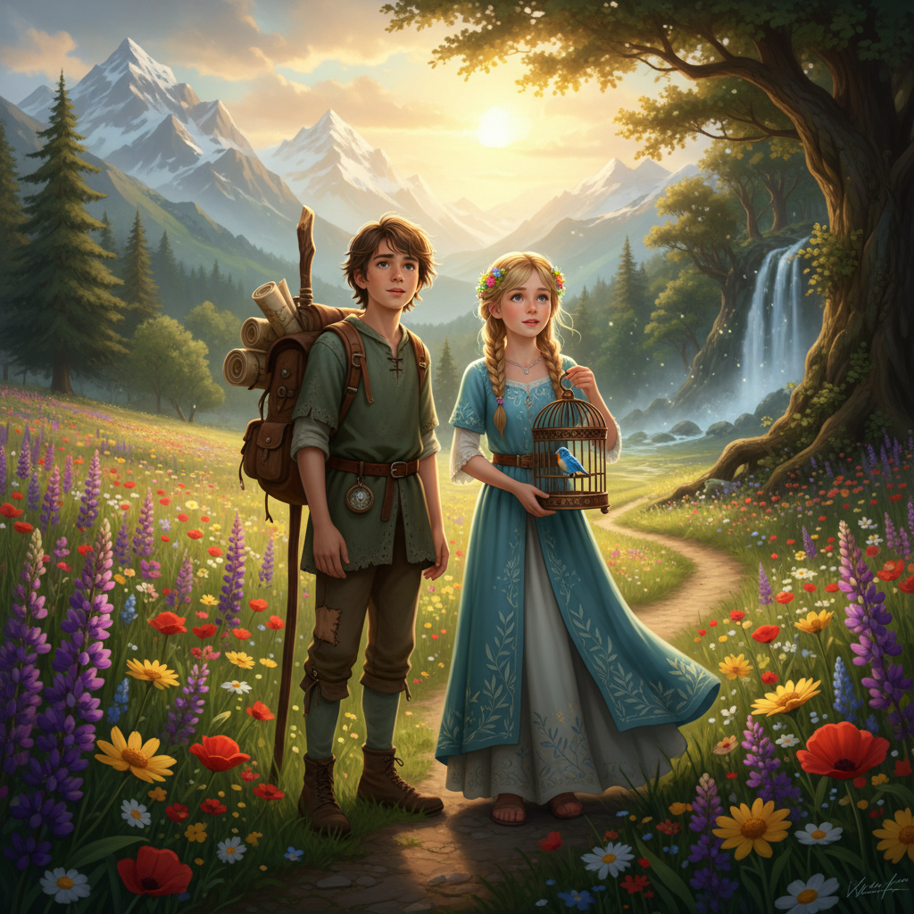 Two young fantasy characters, a boy with a backpack and a girl holding a birdcage, standing in a meadow