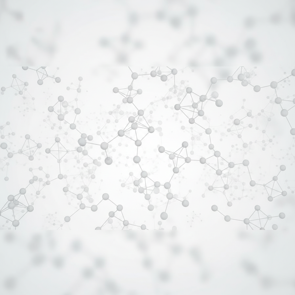 Abstract scientific background, white and grey geometric molecules, clean medical aesthetic, high key lighting.