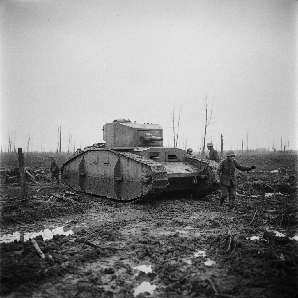 WWI Mark I tank on muddy battlefield, historical photo style
