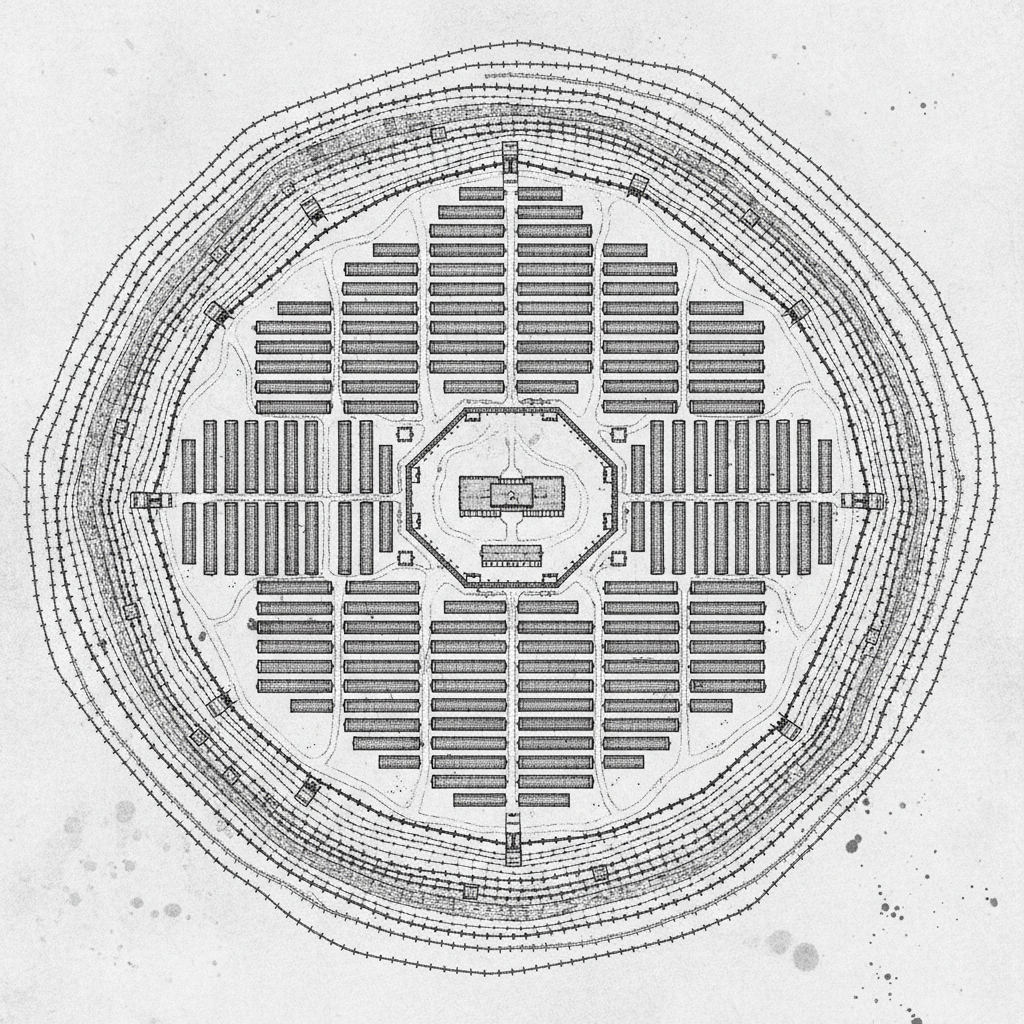 Historical map illustration style showing the layout of a large 1940s prison camp complex with barracks and fences, somber tone, black and white