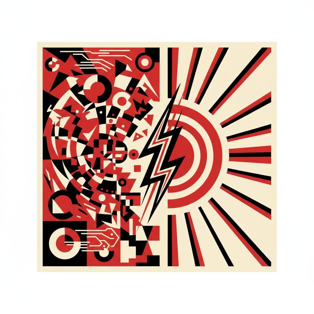 Constructivist art style poster, stark red and black and cream colors, geometric shapes, stylized illustration of a chaotic storm versus a rigid orderly sun