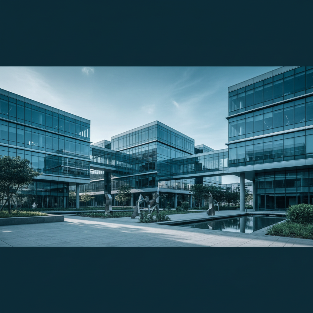 Modern university campus architecture with glass facade, corporate style, deep blue and teal color grading, soft sunlight