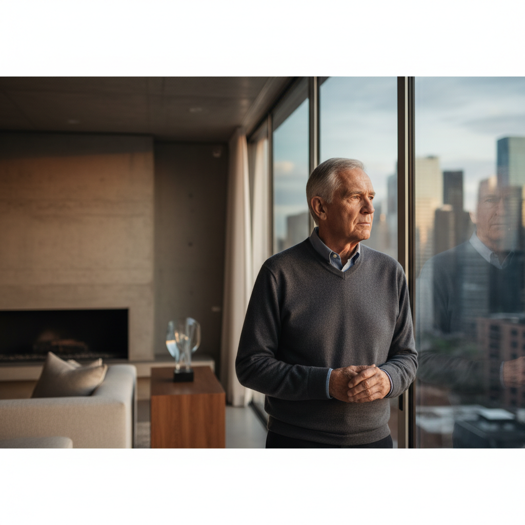 Portrait of a dignified elderly man looking contemplatively out a window in a modern home, soft lighting, emotional and high quality.