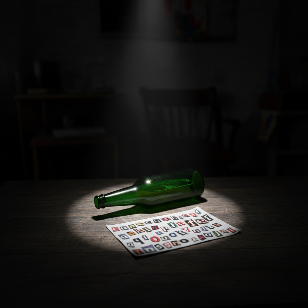 Green beer bottle and a ransom note made of cut out letters, dark room, spotlight