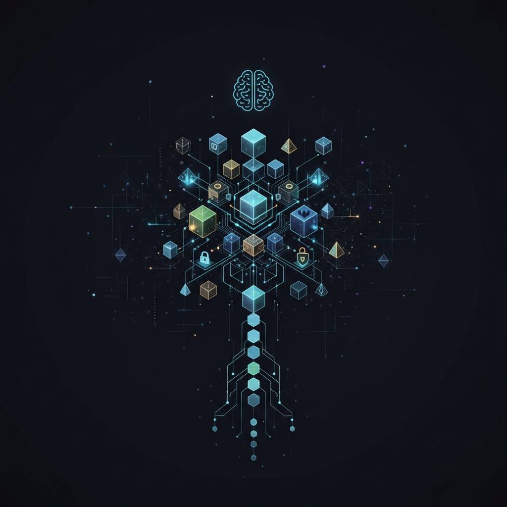 Abstract digital blockchain security concept, dark background with glowing interconnected nodes, minimal technological style, cyber security theme