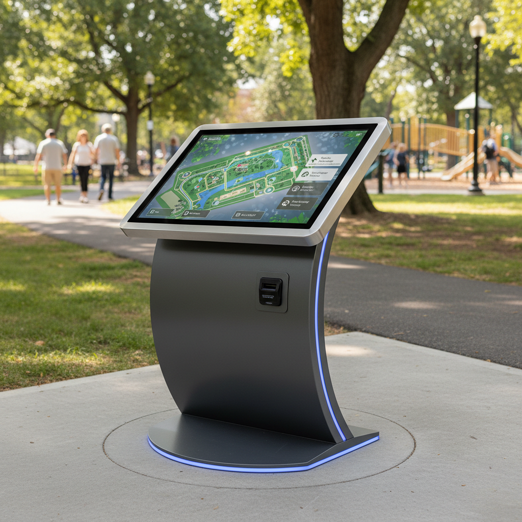 Interactive digital kiosk for public park, robust metal and glass design, information display