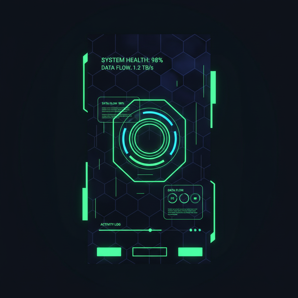 modern user interface design, dark mode, neon green details, minimalism, futuristic app layout, 3d render