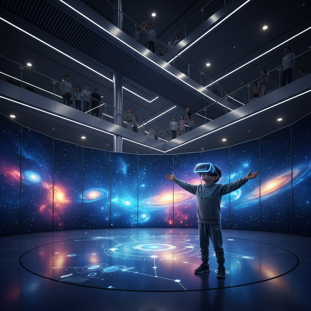 Futuristic VR exhibition setup in a museum, a child wearing a VR headset looking amazed, background screens displaying abstract cosmic scenes and stars, modern lighting, educational technology context