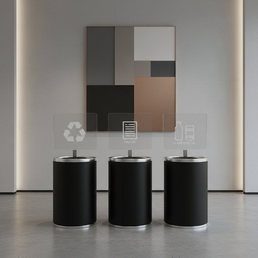 An industrial clean design photograph of an organized recycling station at a high-end conference, matte black bins, clear signage, minimalist interior
