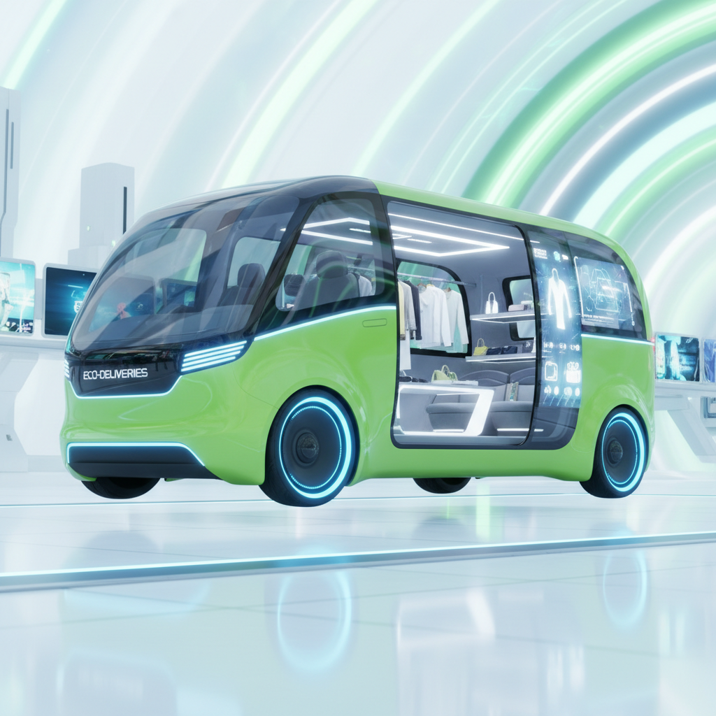 Futuristic electric green delivery van retail concept, 3d render