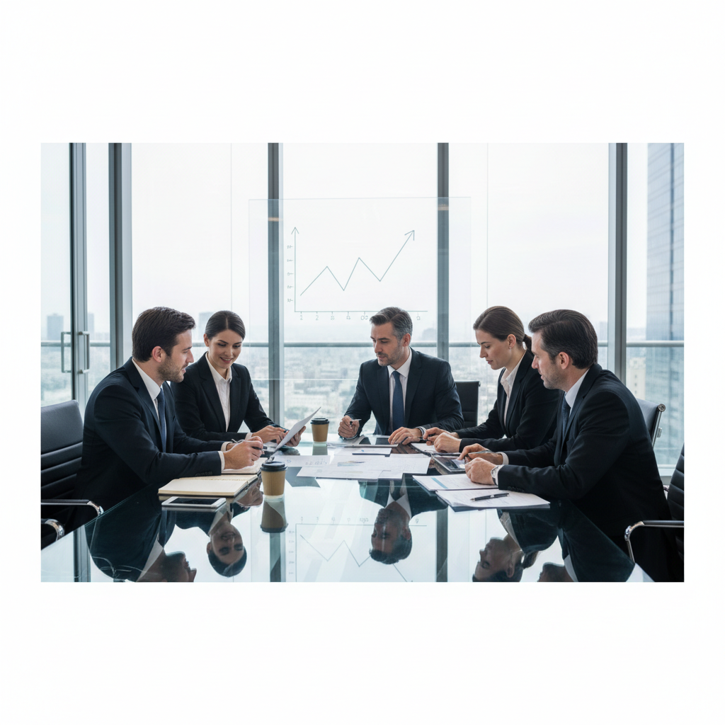 Professional corporate team meeting in a glass conference room, reviewing documents, business attire, collaboration