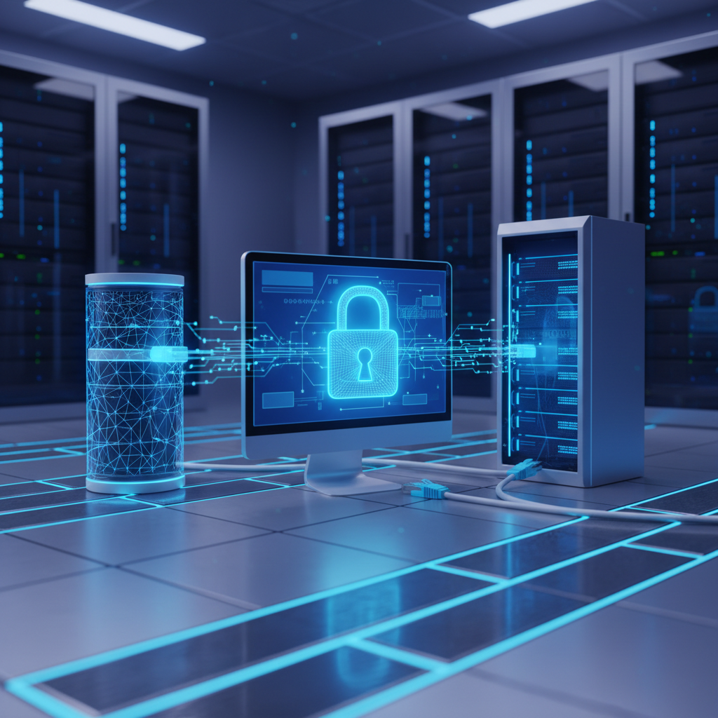 diagram of mac address security filter, padlock icon on computer screen, ethernet cable connection, secure server room background, 3d render