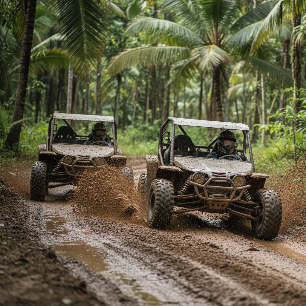 Close-up action shot of rugged off-road dune buggy go-karts with heavy suspension and roll cages racing on a muddy jungle track. The main vehicle is drifting on the RIGHT side, kicking up mud. Lush green jungle background. Dynamic, high-energy, photorealistic 8k.