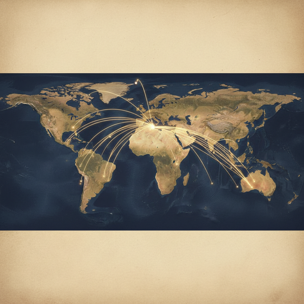 A stylized map of the earth, vintage aesthetic, showing luminous curved lines originating from East Africa and spreading to Europe, Asia, and the Americas, representing human migration.