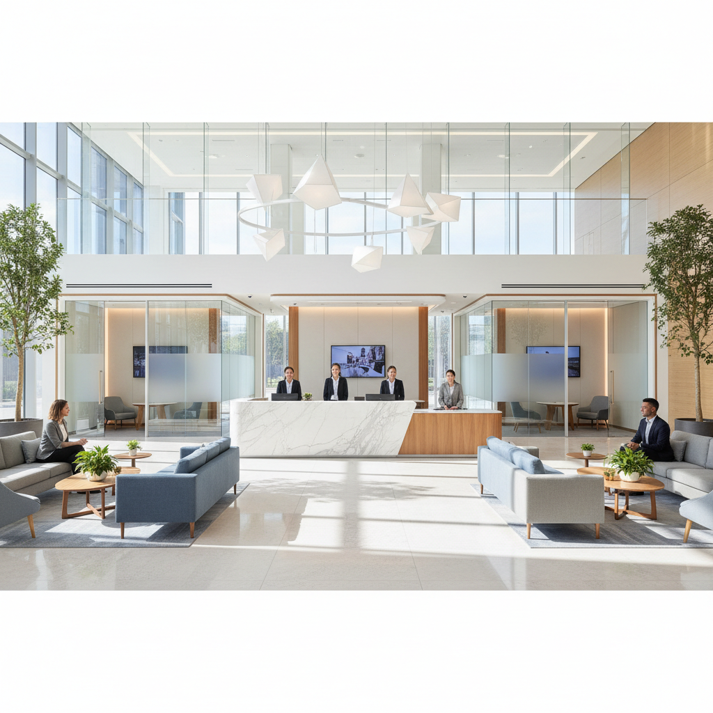 Modern bright bank interior with welcoming atmosphere, professional photography, bright lighting, high quality