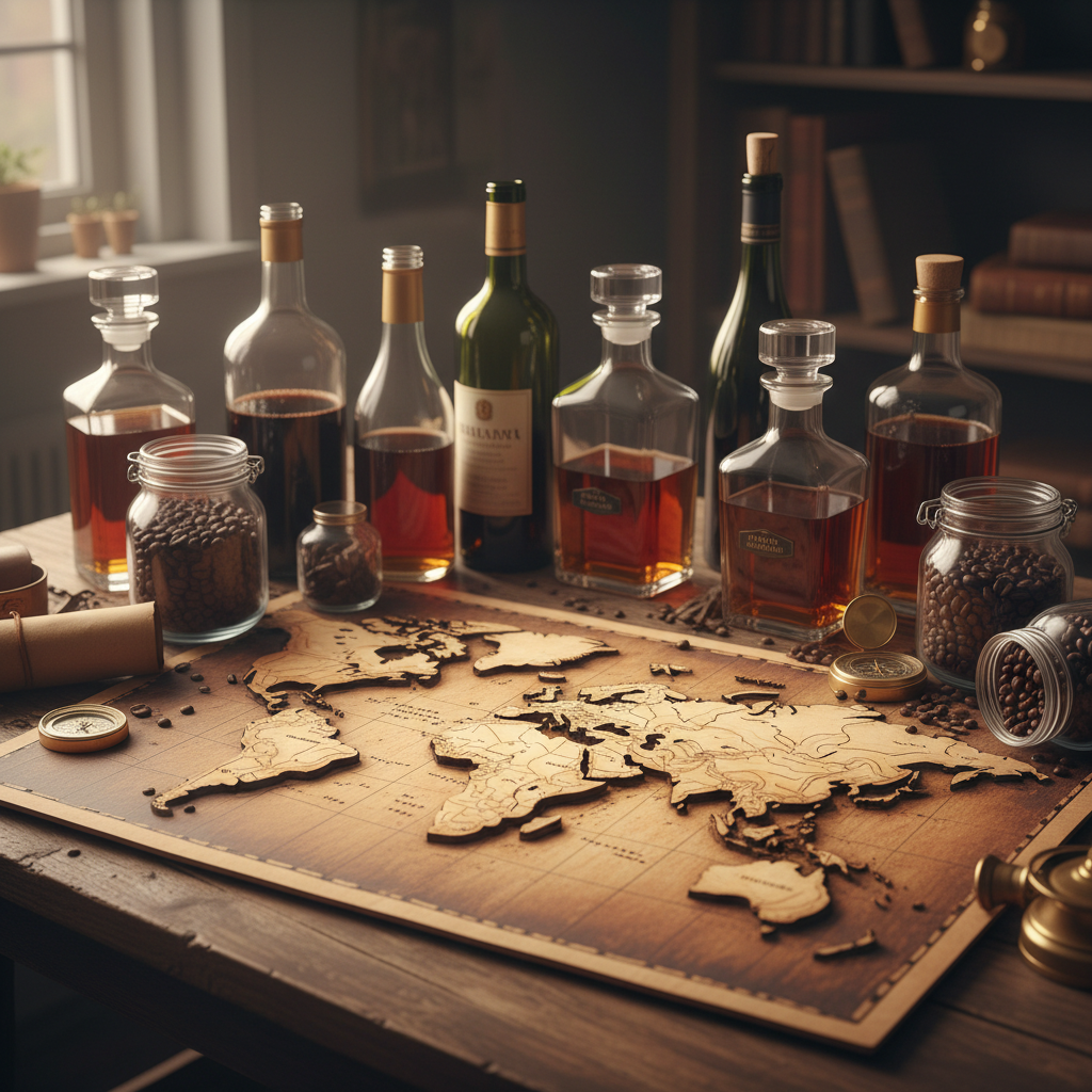 Cinematic photo of a rustic wooden map on a table surrounded by various glass bottles of wine, whiskey, and coffee beans, soft warm lighting, travel aesthetic