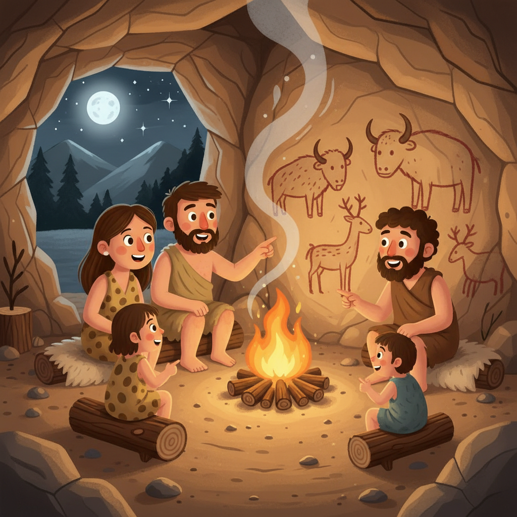Cute illustration of early humans sitting around a campfire looking at drawings of animals on a cave wall, warm lighting, cartoon style