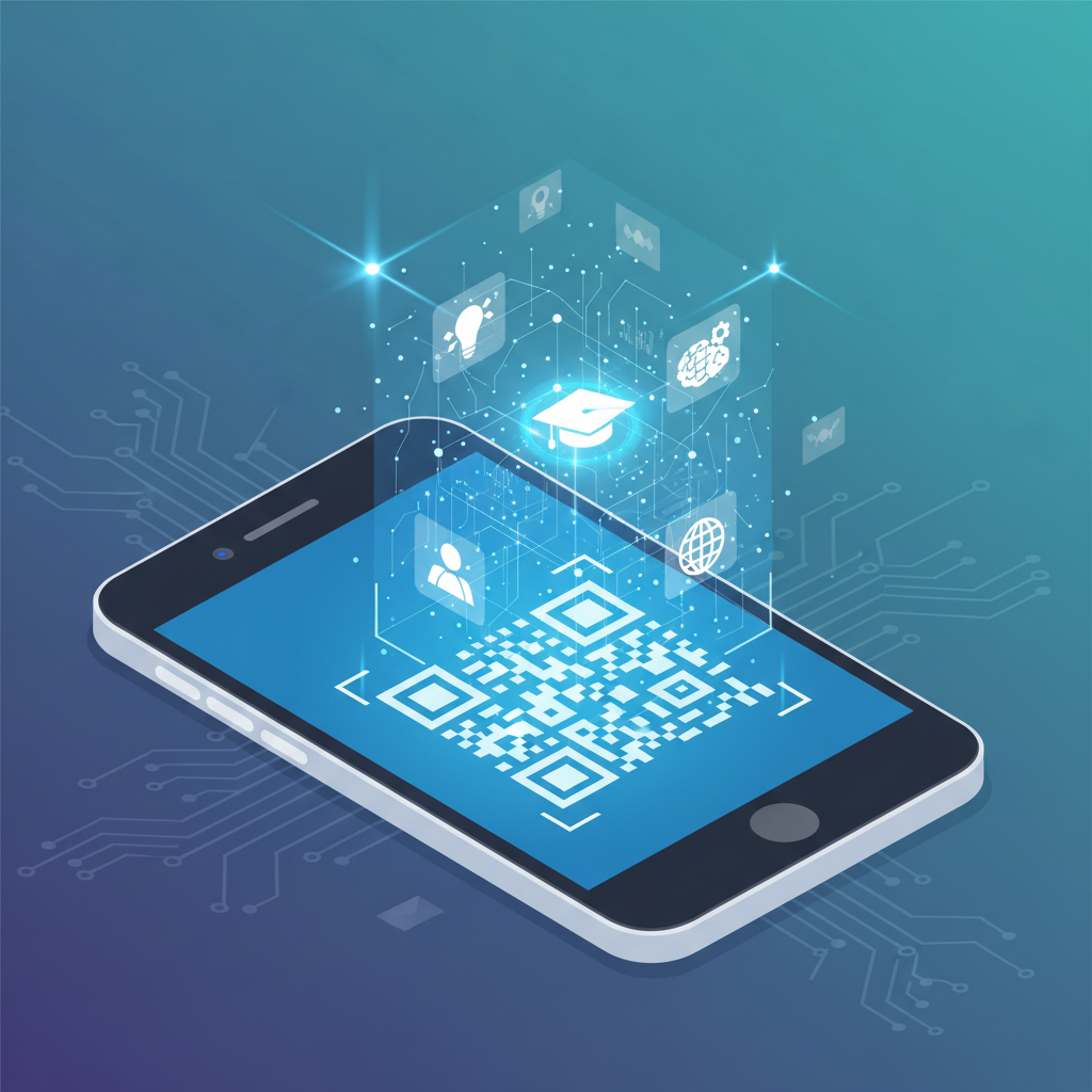 Close up illustration of a smartphone screen scanning a QR code, information popping out of the screen holographically, educational style
