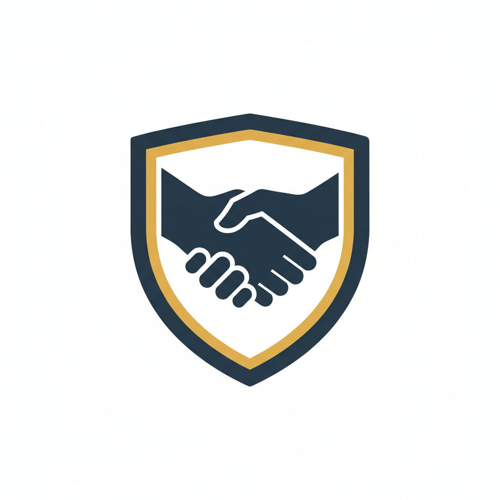 minimalist flat vector icon illustration of a shield combined with a handshake signifying business trust and security, dark navy blue and gold colors, white background
