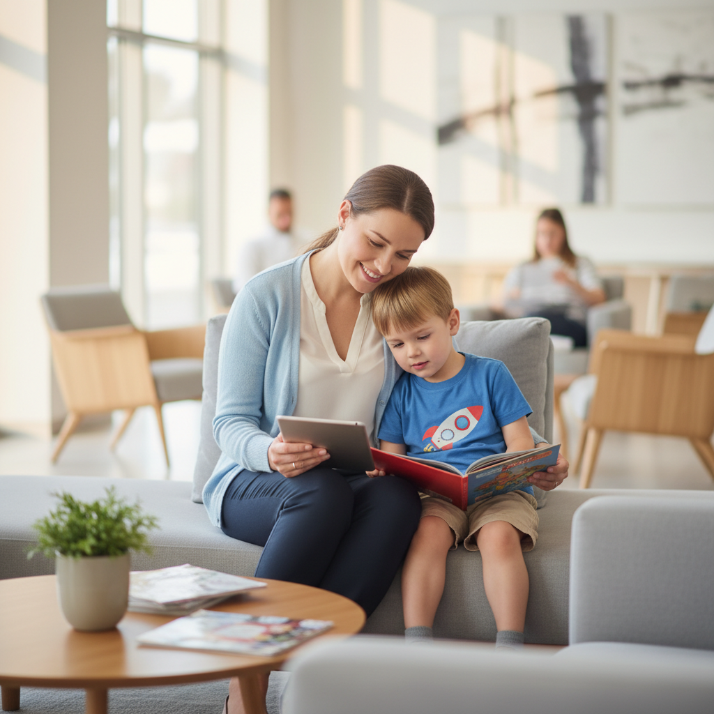 mother and child waiting in a clinic lobby, blurred background