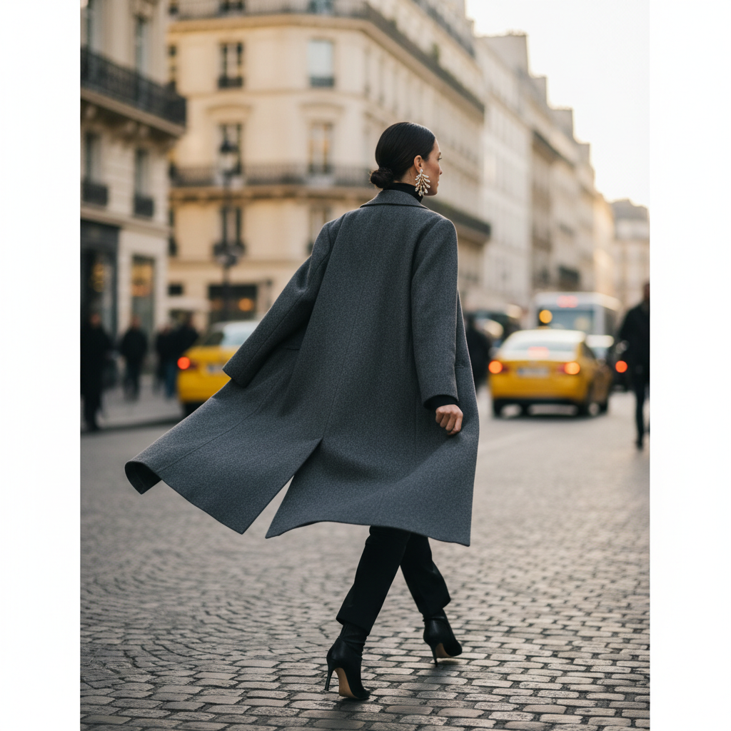 Rear view of an elegant stylish woman walking swiftly down a Parisian street, coat flying, focus on glistening earrings, blurred city background.
