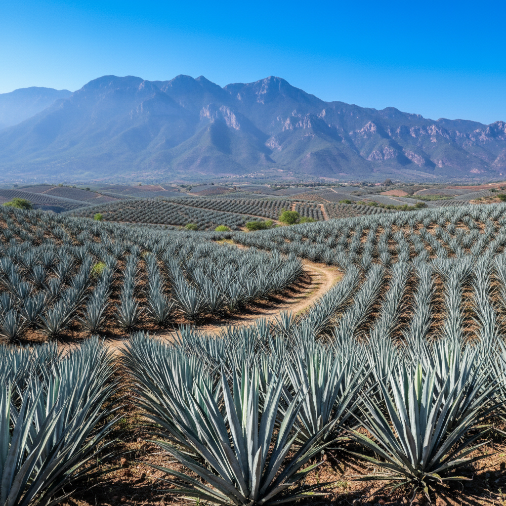 Fields of blue agave plants in Jalisco Mexico, mountains in background, bright sunny day