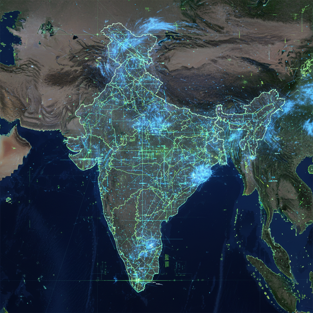 Satellite view of Indian subcontinent with digital weather patterns, rain clouds, and data grid overlays, futuristic user interface style, blue and green data visualization