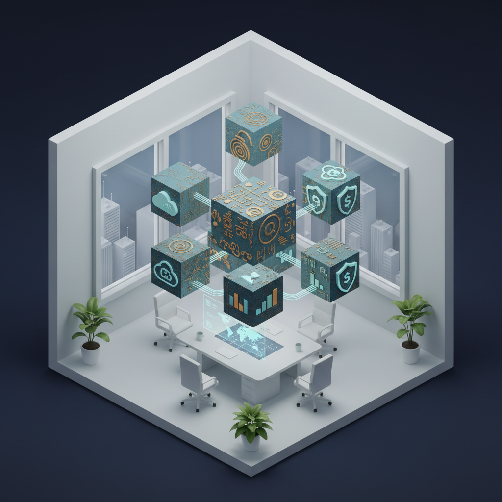 3D isometric illustration of digital services, kannada texture inspired details if possible, clean office environment
