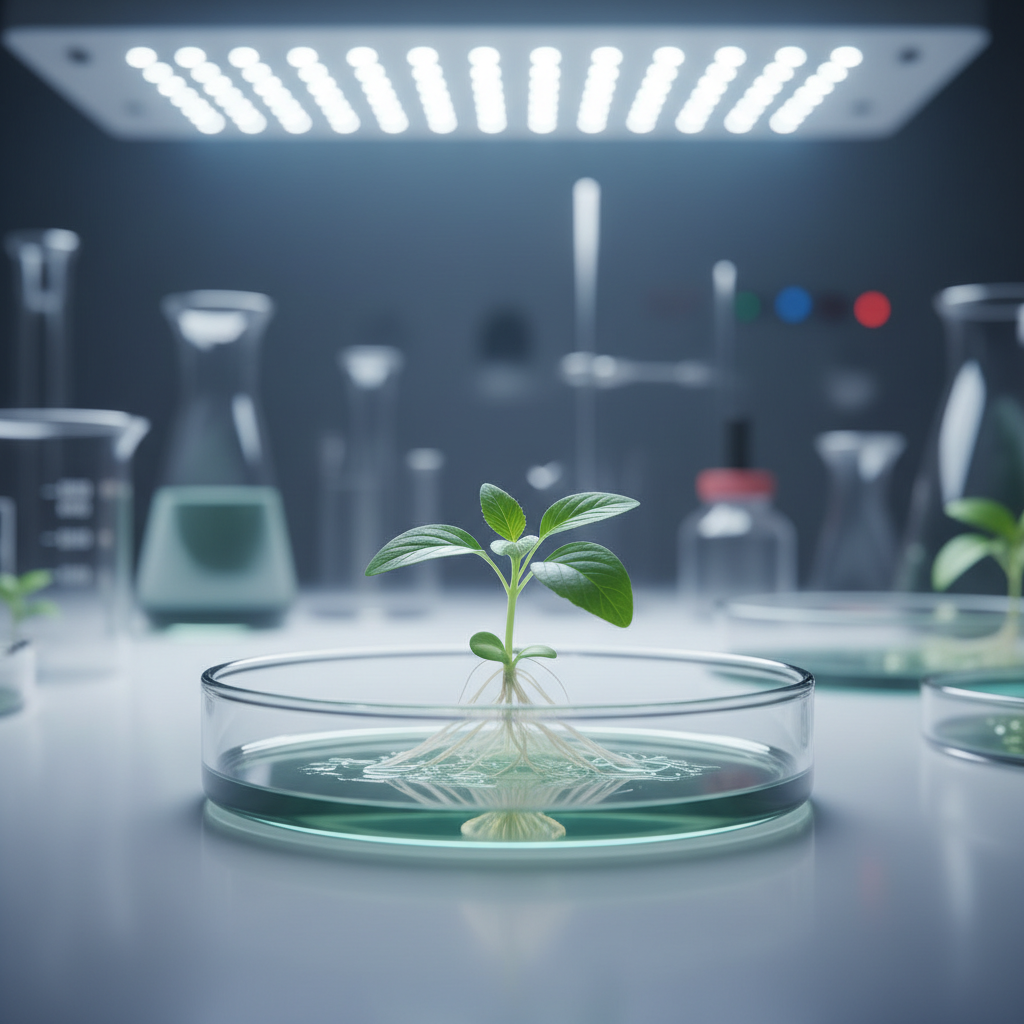 healthy seedling growing in laboratory petri dish scientific lighting