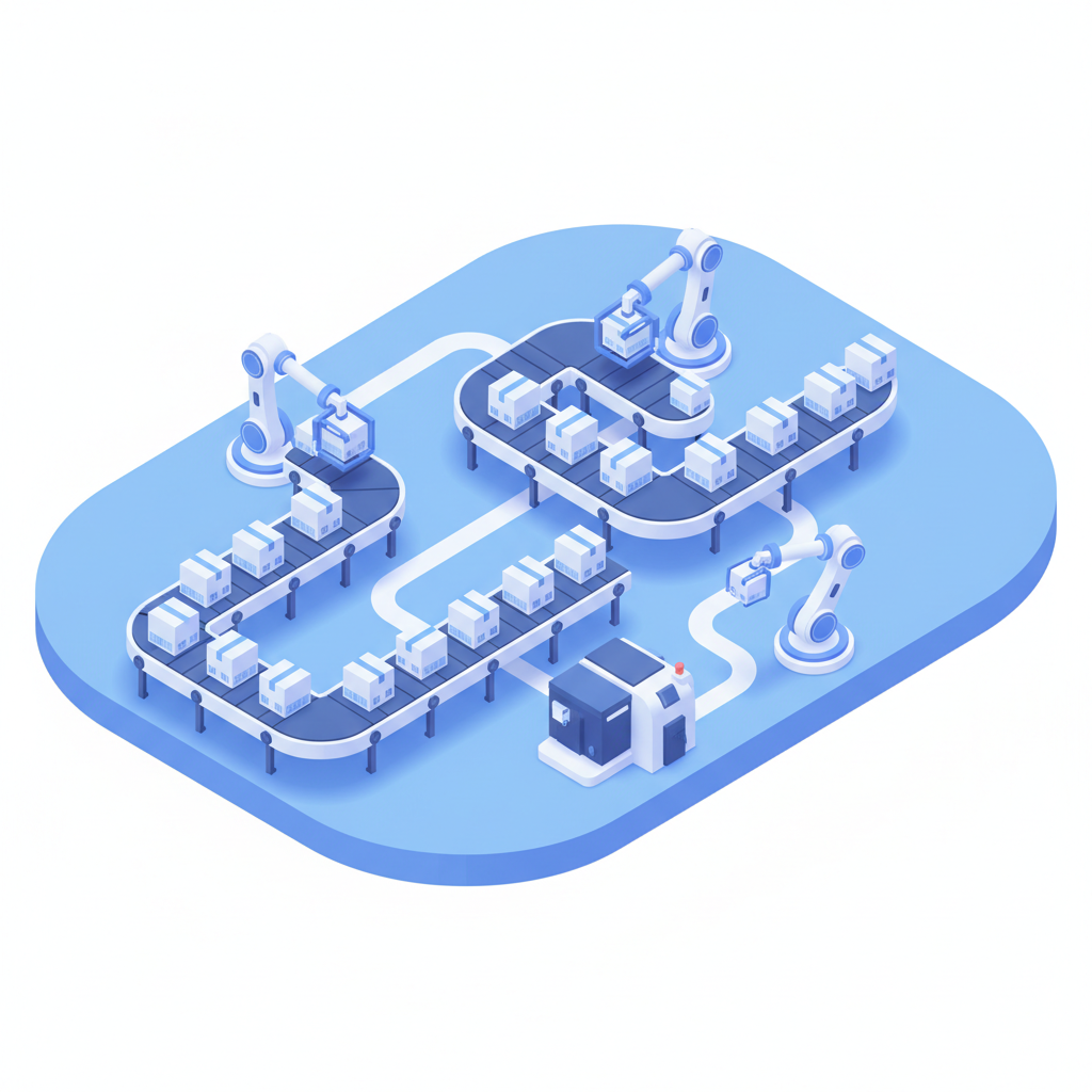 3D isometric illustration of a smooth factory conveyor belt system, organized, efficient, blue and white color scheme