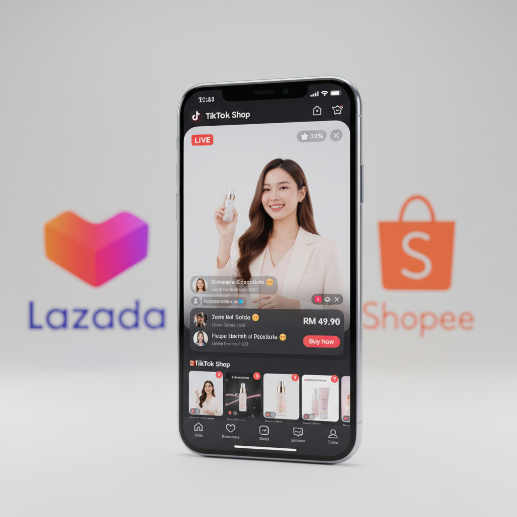 Smartphone showing TikTok Shop live streaming selling products, with Lazada and Shopee logos blurred in background, 3d render style
