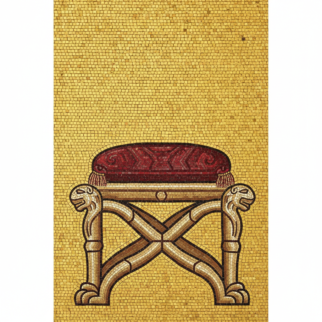 Byzantine mosaic style art showing a 'sella curulis' chair with rich red cushion, golden tesserae background, archaic artistic style