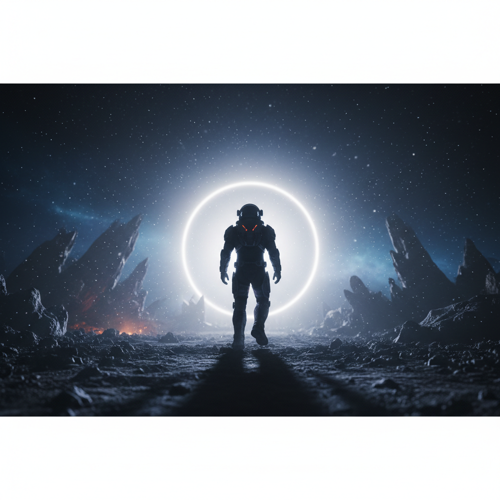 cinematic shot of a lone athlete or astronaut preparing to step into a bright light, moody contrast, motivational, dust particles, high detail