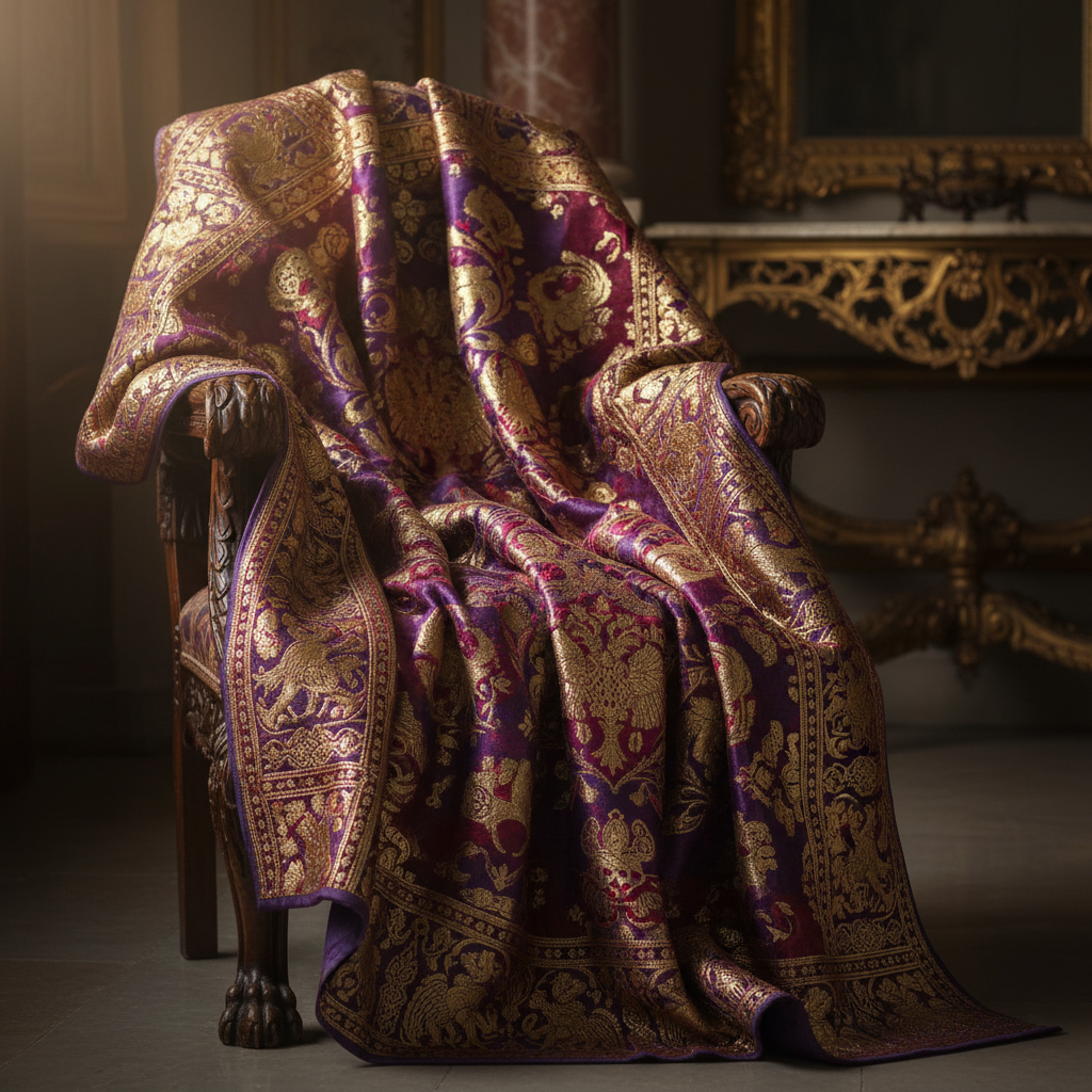 Luxurious Byzantine silk fabric draped over a chair, patterns of gold thread on deep purple and crimson background, rich textures, photorealistic