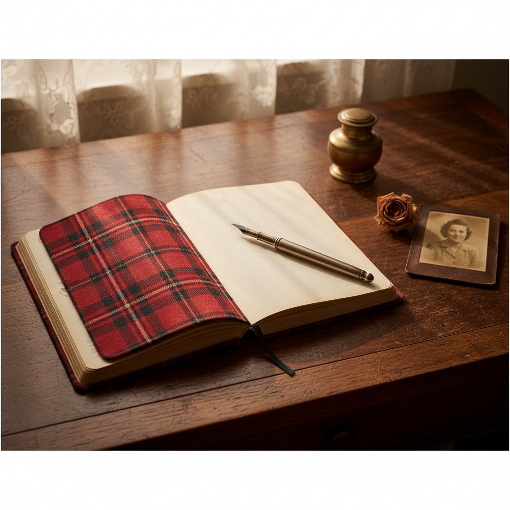 Red plaid diary lying on a wooden desk, 1940s setting, soft window light, sentimental mood