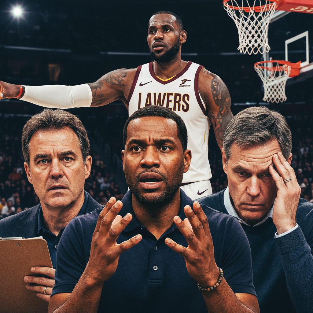 Montage style image of basketball coaches David Blatt, Mike Brown, and Frank Vogel looking stressed or concerned, with LeBron James in background looking commanding