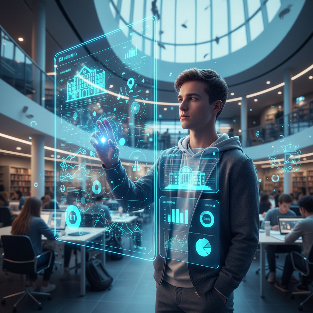 Thoughtful student looking at a holographic interface with charts and university options, futuristic education concept