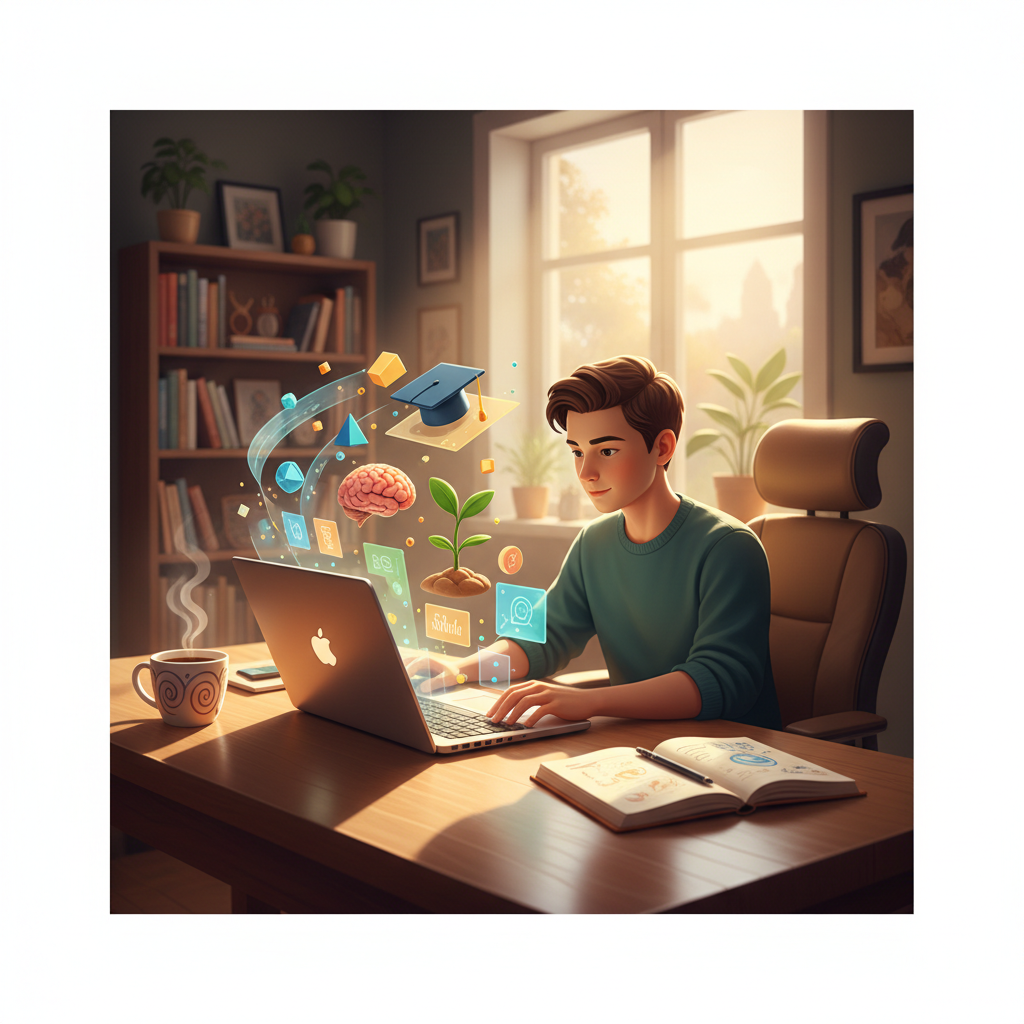 person studying online, laptop with educational graphics popping out, coffee cup, notebook, home office setting, warm lighting, concept of continuous learning, digital art