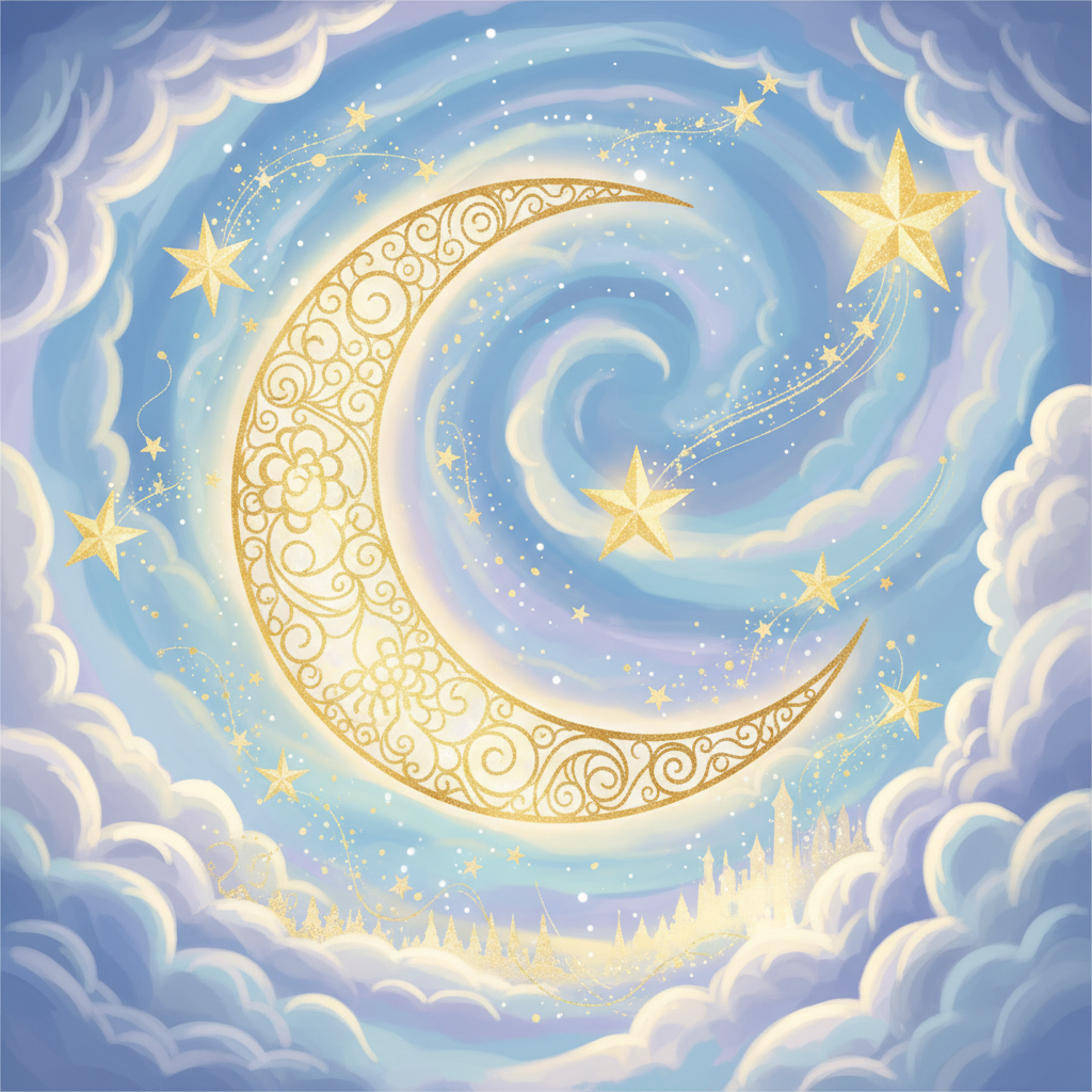A golden crescent moon and stars hanging in a soft blue sky, magical storytelling style, illustration