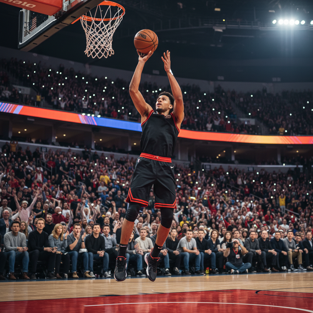 Basketball player making a jump shot in a packed arena, dynamic action angle, professional sports photography