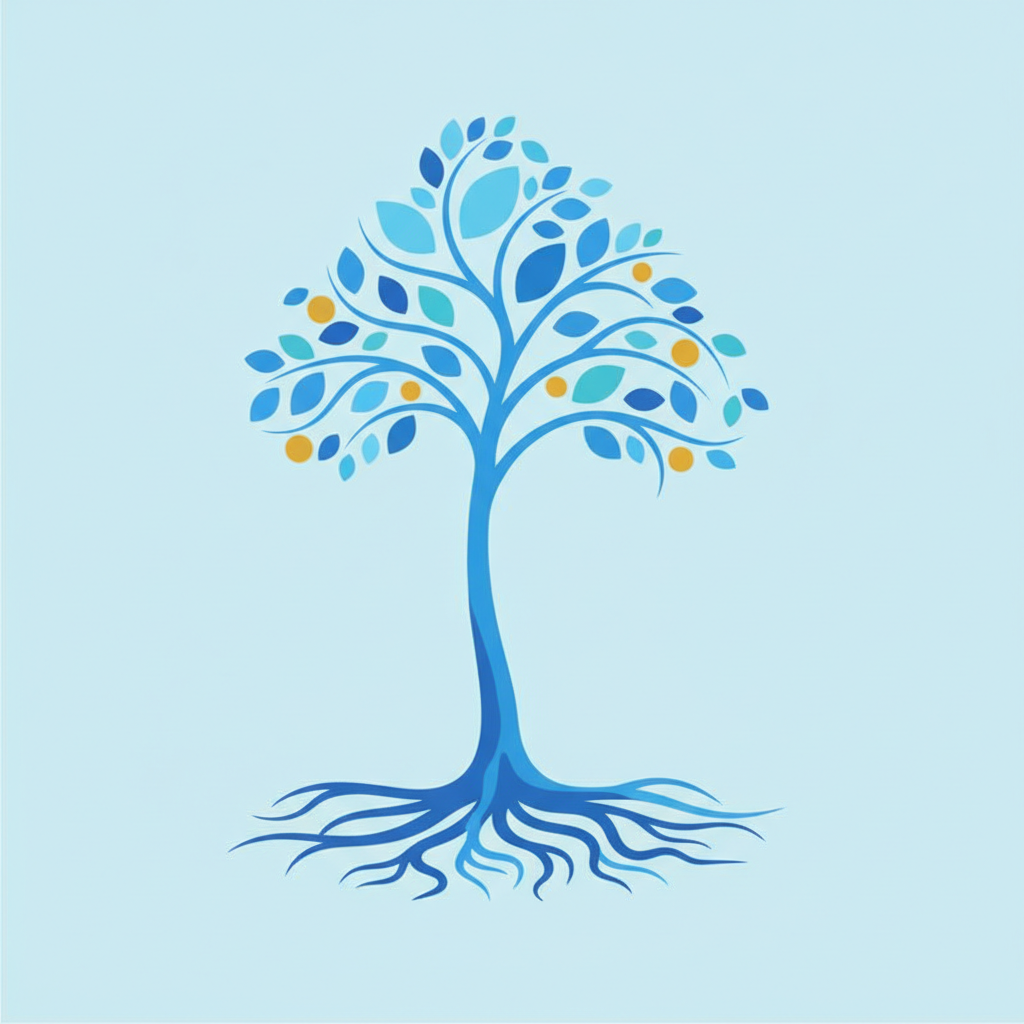Abstract representation of growth and fruits of labor, a sky blue tree with deep roots and many branches, minimalist, on light blue background