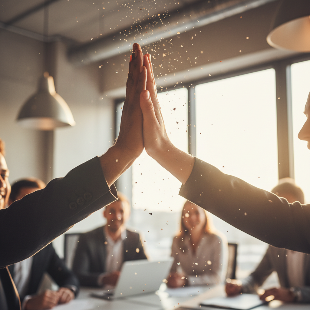 Close up of two hands high-fiving in an office setting, celebrating success, motion blur implies energy, bright and positive atmosphere, diverse skin tones